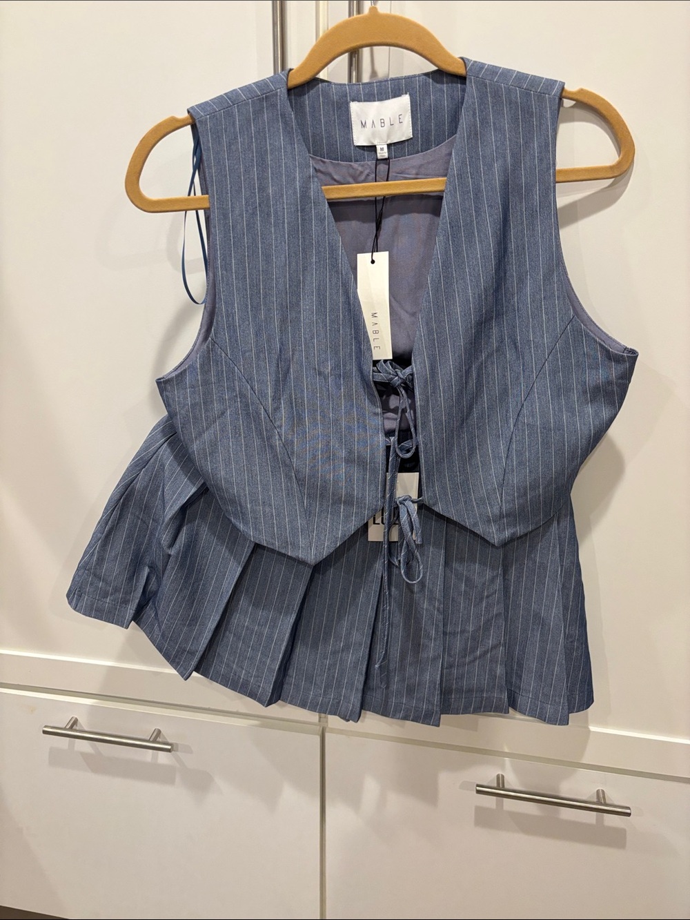 MARBLE Blue Pinstripe Mini Skirt with Vest Overlay